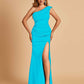 Satin One-shoulder Bridesmaid Dresses Mermaid Side Slit Sleeveless Floor Length