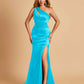 Sexy Satin Key Hole Bridesmaid Dresses One Shoulder Key Hole Floor Length Sheath For Sale