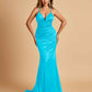 Satin Mermaid Open-back Prom Dresses Spaghetti Straps V-neck With Pleats Floor Length