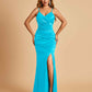 Sexy Satin Mermaid Bridesmaid Dresses Spaghetti Straps V-neck Side Slit Floor Length