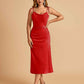 Sexy Satin Midi Prom Dresses Spaghetti Straps Slip Scoop Side Slit