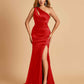 Sexy Satin Key Hole Bridesmaid Dresses One Shoulder Key Hole Floor Length Sheath For Sale