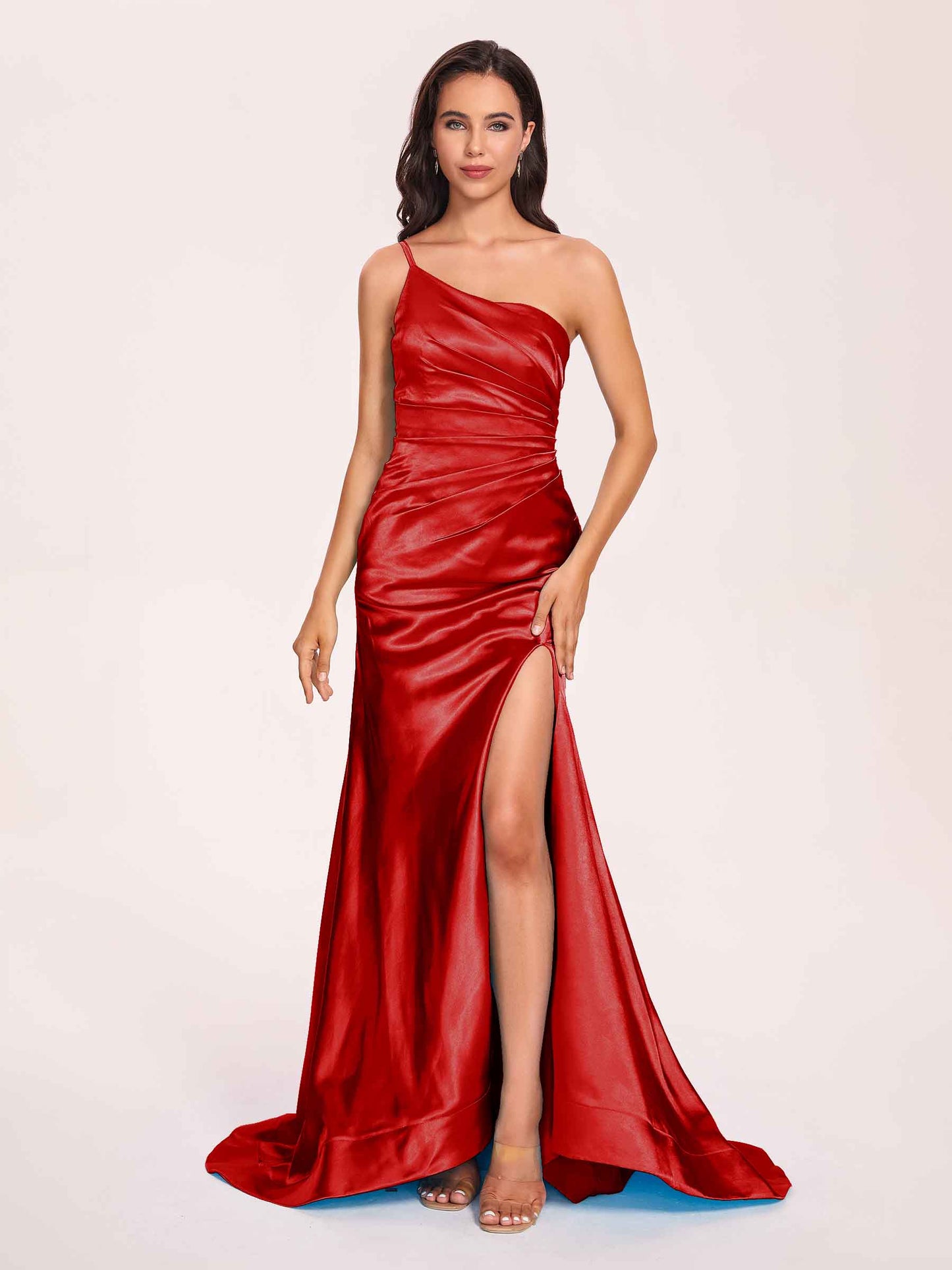 Satin One-shoulder Mermaid Prom Dresses Side Slit Pleats Floor Length