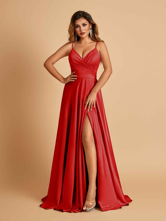 Satin A-line Long Bridesmaid Dresses Spaghetti Straps V-neck Side Slit Floor Length