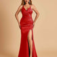 Sexy Satin Mermaid Long Prom Dresses Spaghetti Straps Sweetheart Side Slit Criss-cross Back