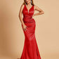 Sexy Satin Criss-cross Back Prom Dresses Mermaid Deep V-neck Back Pleats Floor Length