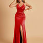 Sexy Satin Sheath Prom Dresses Spaghetti Straps V-neck Side Slit Pleats Floor Length
