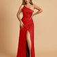 Satin One Shoulder Sheath Prom Dresses Spaghetti Straps Side Slit Floor Length