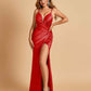 Sexy Satin Spaghetti Straps Prom Dresses V-neck Side Slit Pleats Floor Length Sheath
