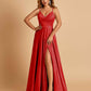 Satin A-line Long Prom Dresses Spaghetti Straps V-neck Side Slit Floor Length