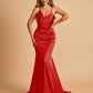 Sexy Satin Mermaid Prom Dresses Spaghetti Straps V-neck Pleats Floor Length