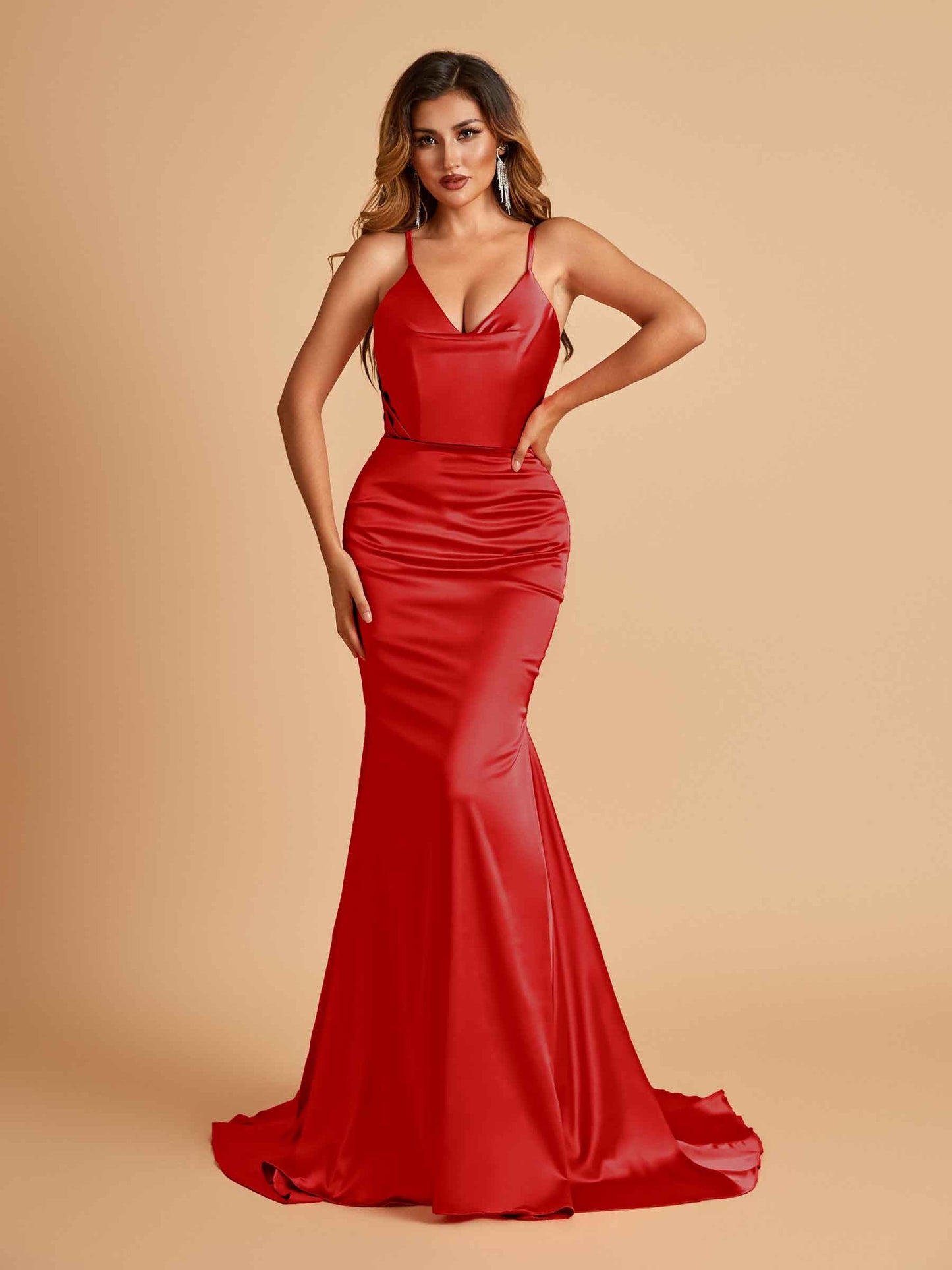 Sexy Satin Mermaid Prom Dresses Spaghetti Straps V-neck Pleats Floor Length