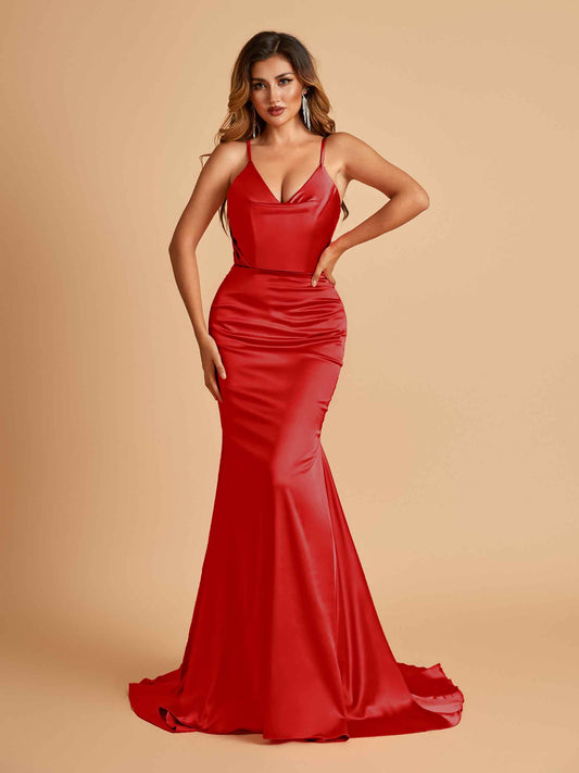 Sexy Satin Mermaid Bridesmaid Dresses Spaghetti Straps V-neck Pleats Floor Length