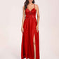 Satin Spaghetti Straps A-line Prom Dresses Side Slit Floor Length