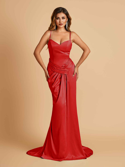Satin Mermaid Sweetheart Bridesmaid Dresses Spaghetti Straps With Pleats Floor Length
