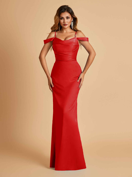 Sexy Off Shoulder Mermaid Long Bridesmaid Dresses Satin Spaghetti Straps Floor Length