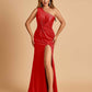 Unique Satin One Shoulder Sheath Bridesmaid Dresses Open Back Side Slit Floor Length