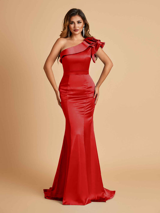 Satin One-shoulder Bridesmaid Dresses Ruffle Sleeves Mermaid Floor Length