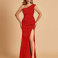 Satin One-shoulder Bridesmaid Dresses Mermaid Side Slit Sleeveless Floor Length