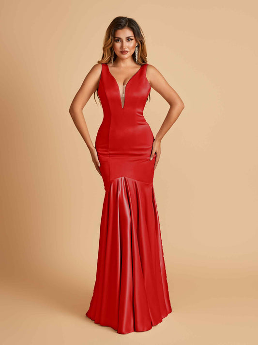 Satin Deep V-neck Mermaid Bridesmaid Dresses Half Open Back Floor Length