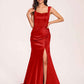 Sexy Satin Square Mermaid Bridesmaid Dresses Pleats Side-Slit Floor-Length Sleeveless