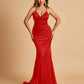 Satin Mermaid Open-back Prom Dresses Spaghetti Straps V-neck With Pleats Floor Length