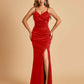 Sexy Satin Mermaid Bridesmaid Dresses Spaghetti Straps V-neck Side Slit Floor Length