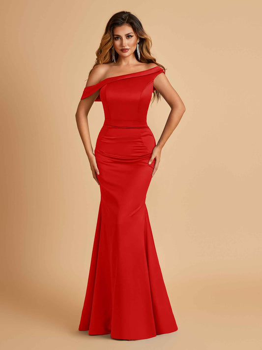 Charming Satin Off Shoulder Mermaid Bridesmaid Dresses Straps Floor Length