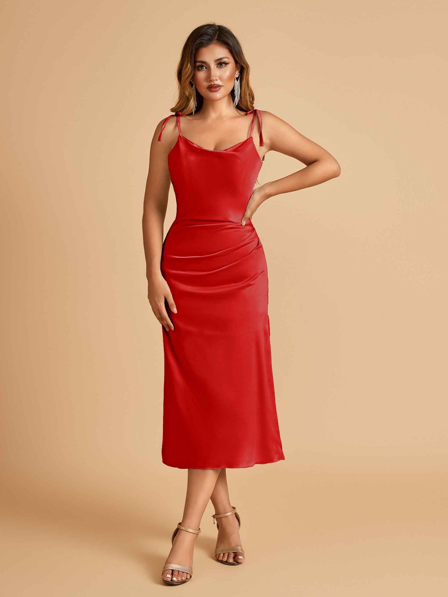 Sexy Satin Midi Bridesmaid Dresses Spaghetti Straps Slip Scoop Side Slit