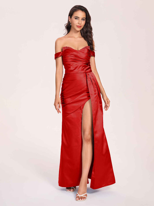 Elegant Satin Off Shoulder Bridesmaid Dresses Side-slit Sweetheart Floor Length Sheath