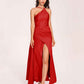 Sexy Satin Halter Strap Sheath Bridesmaid Dresses Side Slit Pleats Floor Length