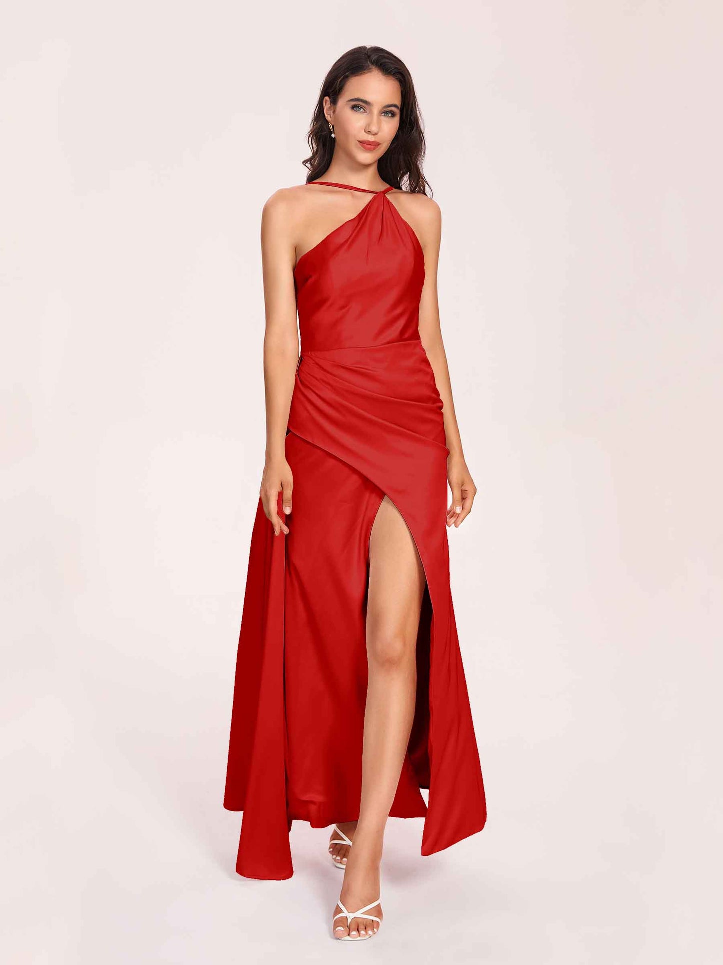 Sexy Satin Halter Strap Sheath Bridesmaid Dresses Side Slit Pleats Floor Length