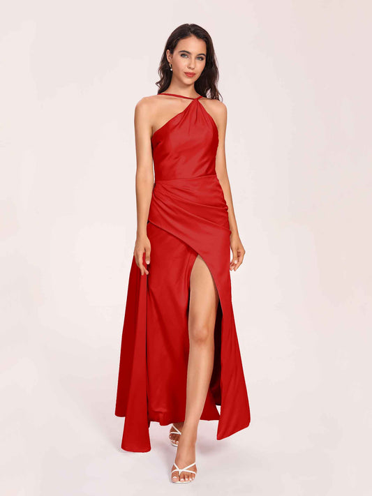 Sexy Satin Halter Strap Sheath Bridesmaid Dresses Side Slit Pleats Floor Length