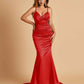 Satin Mermaid V-neck Prom Dresses Spaghetti Straps Floor Length