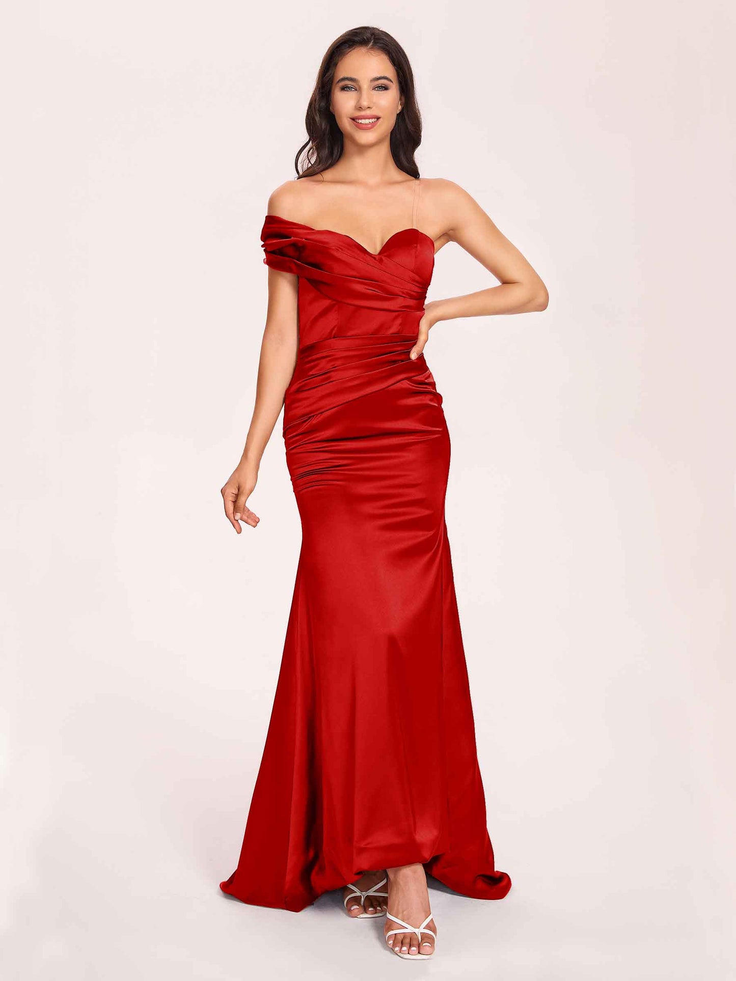 Satin One-shoulder Bridesmaid Dresses Pleats Floor Length Mermaid Long