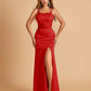 Satin Mermaid Long Bridesmaid Dresses Spaghetti Straps Scoop Side Slit Criss-cross Back