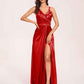 Sexy Satin A-line Prom Dresses Spaghetti Straps Side Slit V-neck Floor Length