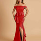 Satin Mermaid Off Shoulder Bridesmaid Dresses With Ruffles Side Slit Floor Length