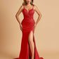 Satin Mermaid Long Prom Dresses Spaghetti Straps Sweetheart Side Slit Floor Length