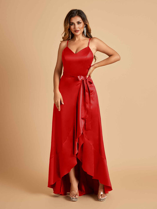 Satin Asymmetric V-neck Bridesmaid Dresses Sleeveless Side Slit A-line Unique