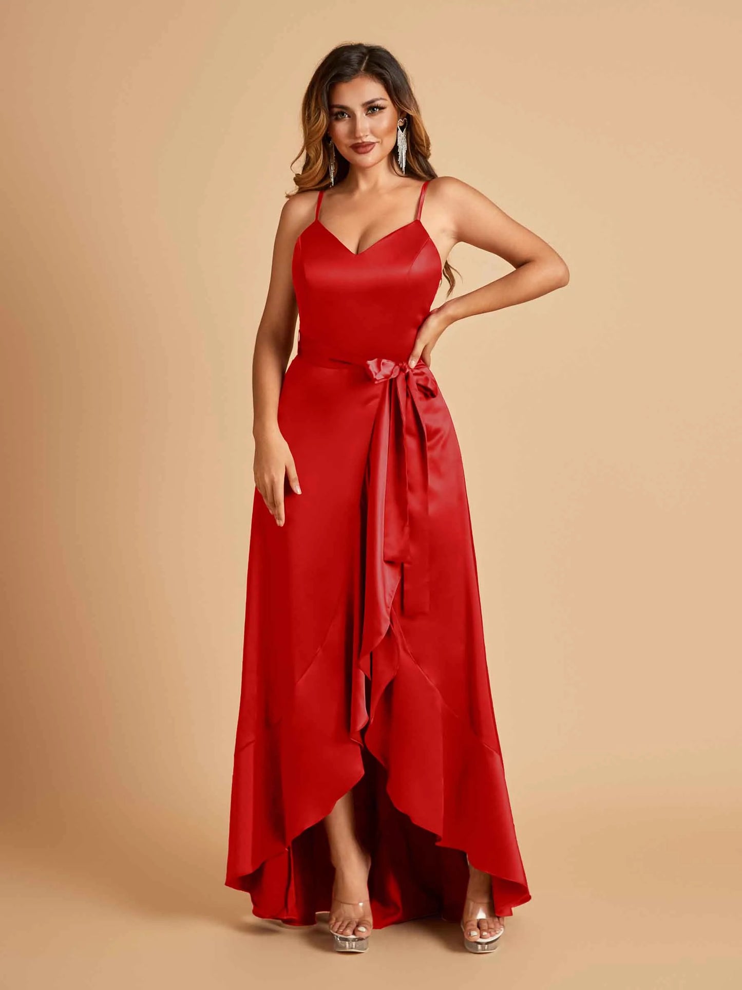 Satin Asymmetric V-neck Bridesmaid Dresses Sleeveless Side Slit A-line Unique For Sale
