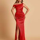 Unique Satin One Shoulder Bridesmaid Dresses Side Slit Half Open Back Floor Length