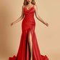 Sexy Satin Mermaid Open Back Prom Dresses Spaghetti Straps V-neck Side Slit