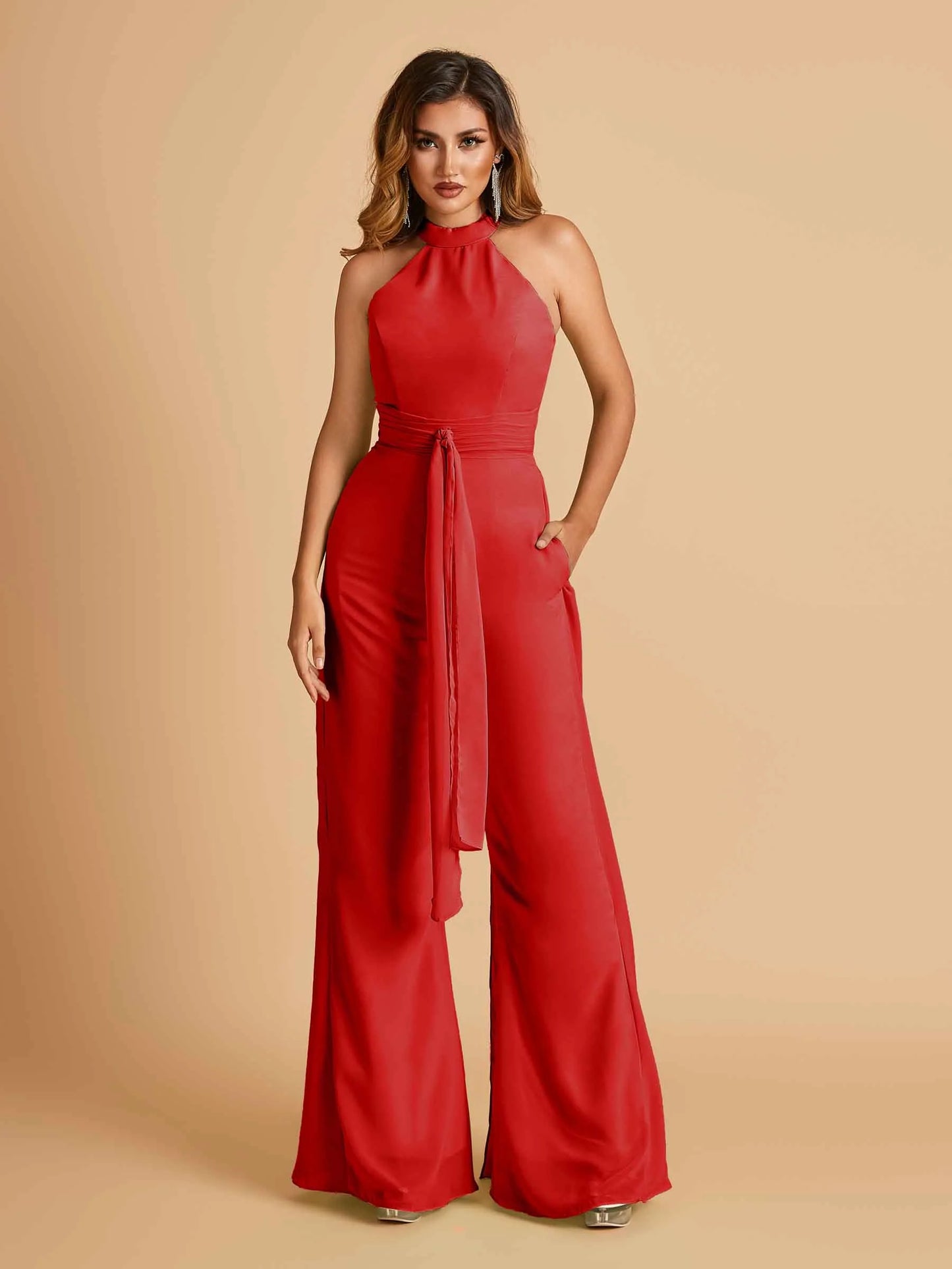 Chiffon Bridesmaid Jumpsuit Jewel Neck Sleeveless Floor Length With Pockets For Sale