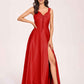 Satin V-neck A-line Prom Dresses Side slit Floor Length