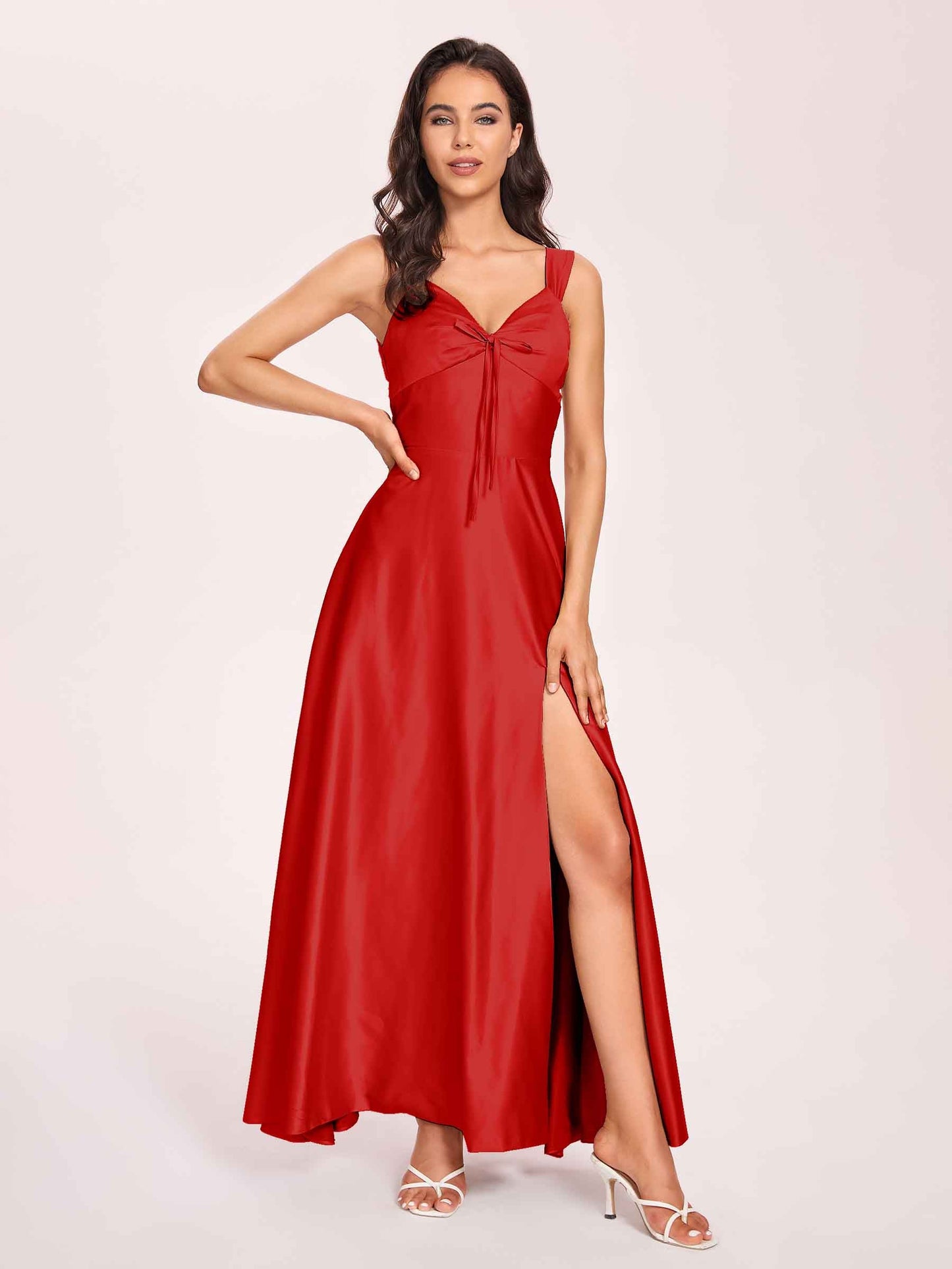 Satin V-neck A-line Prom Dresses Side slit Floor Length