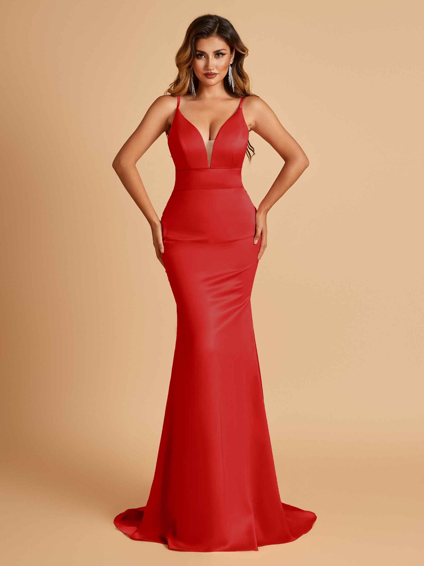 Satin Deep V-neck Mermaid Bridesmaid Dresses Open Back Floor Length