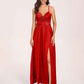 Satin Spaghetti Straps A-line Bridesmaid Dresses Side Slit Floor Length