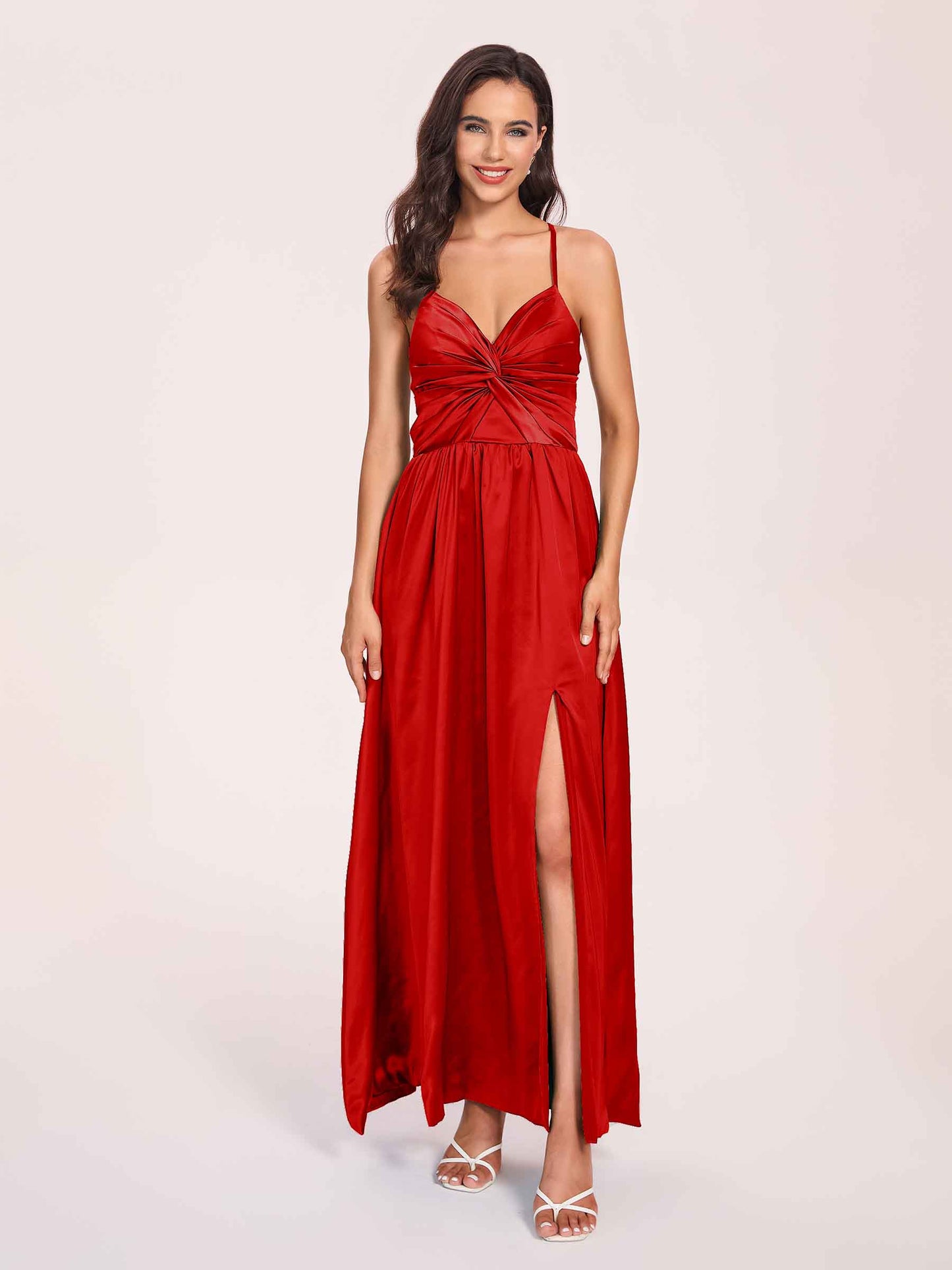 Satin Spaghetti Straps A-line Bridesmaid Dresses Side Slit Floor Length