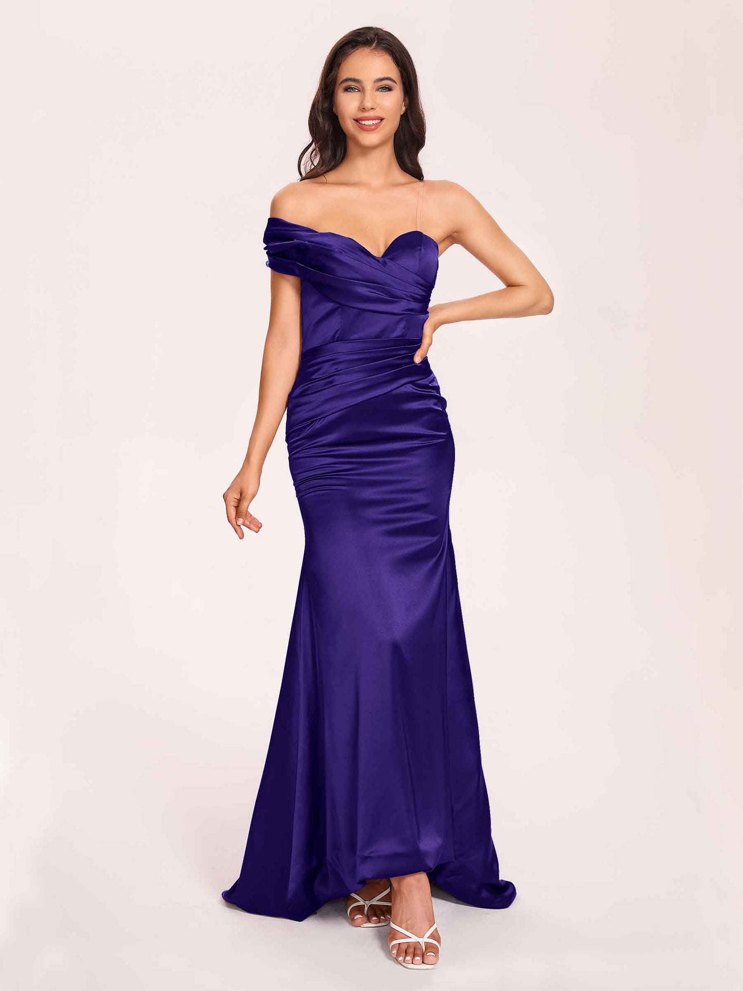 Satin One-shoulder Bridesmaid Dresses Pleats Floor Length Mermaid Long